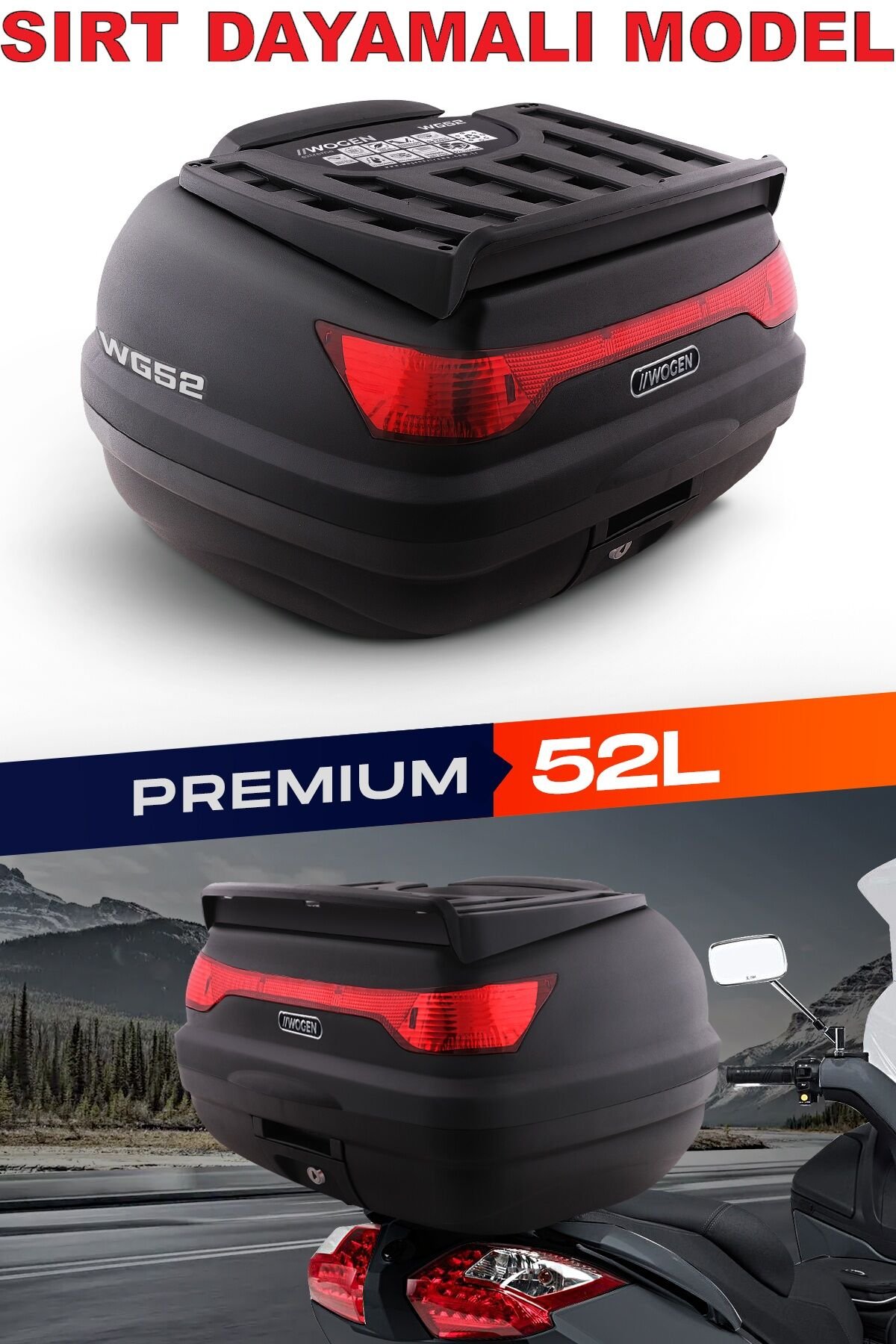 WOGEN WG52 52L Motosiklet Arka Çanta – Sırt Dayamalı, Siyah